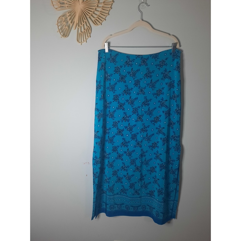 Ballinger Gold Silk Maxi Skirt Blue Floral Paisley Print Side Slit Size L - Picture 2 of 6